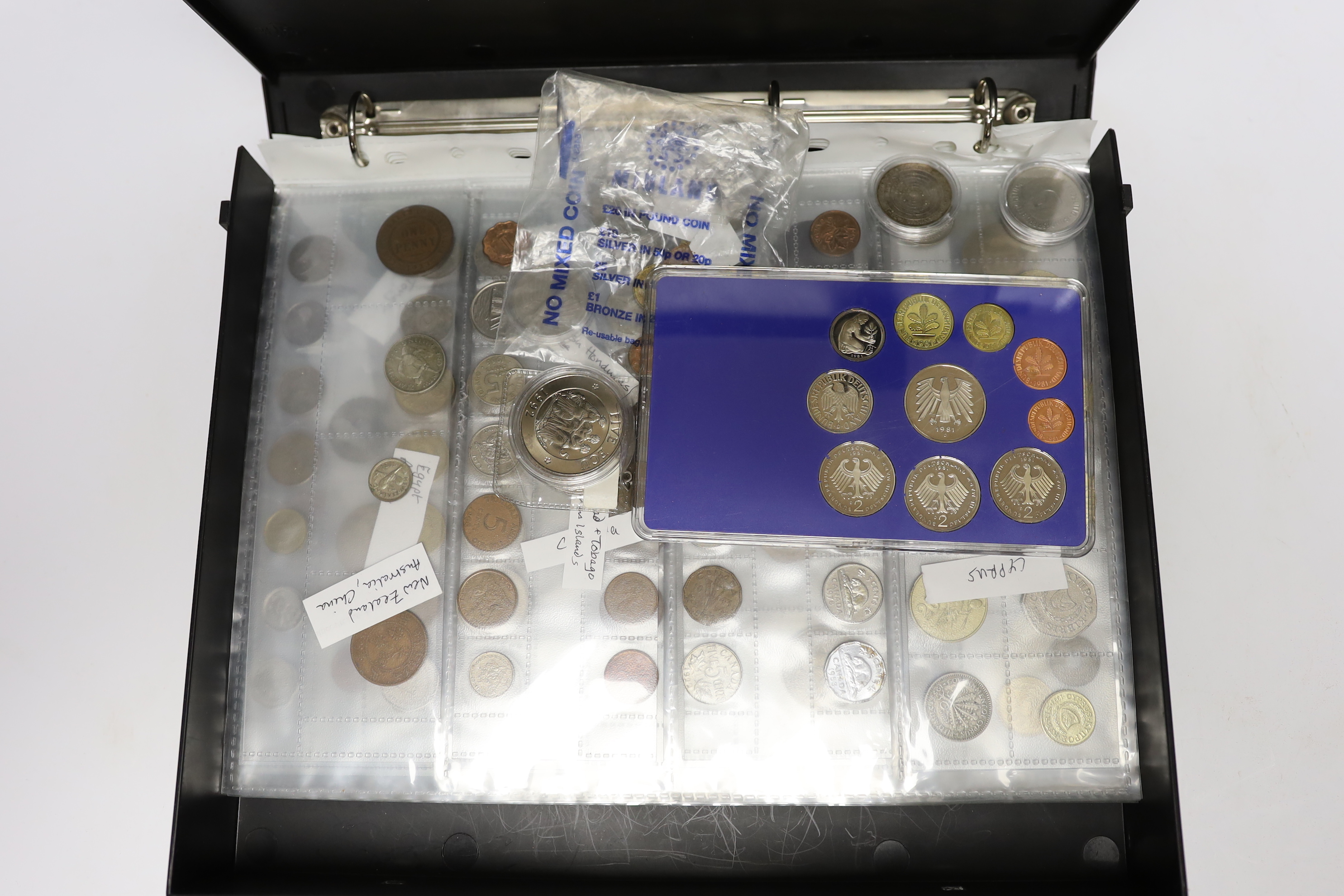 World coins, mostly post war to include Cyprus, Canada, New Zealand, Australia, Egypt, Russia, Venezuela, USA, Fiji, Czech Republic, India, Ceylon, Turkey, Malta, Hungary, South America, East Africa, Imperial Africa, Por